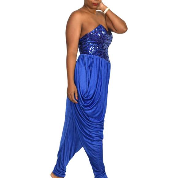 Sequin Draped Jumpsuit Vintage Blue Harem Strapless Sweetheart Pant Size Small - Picture 11 of 16